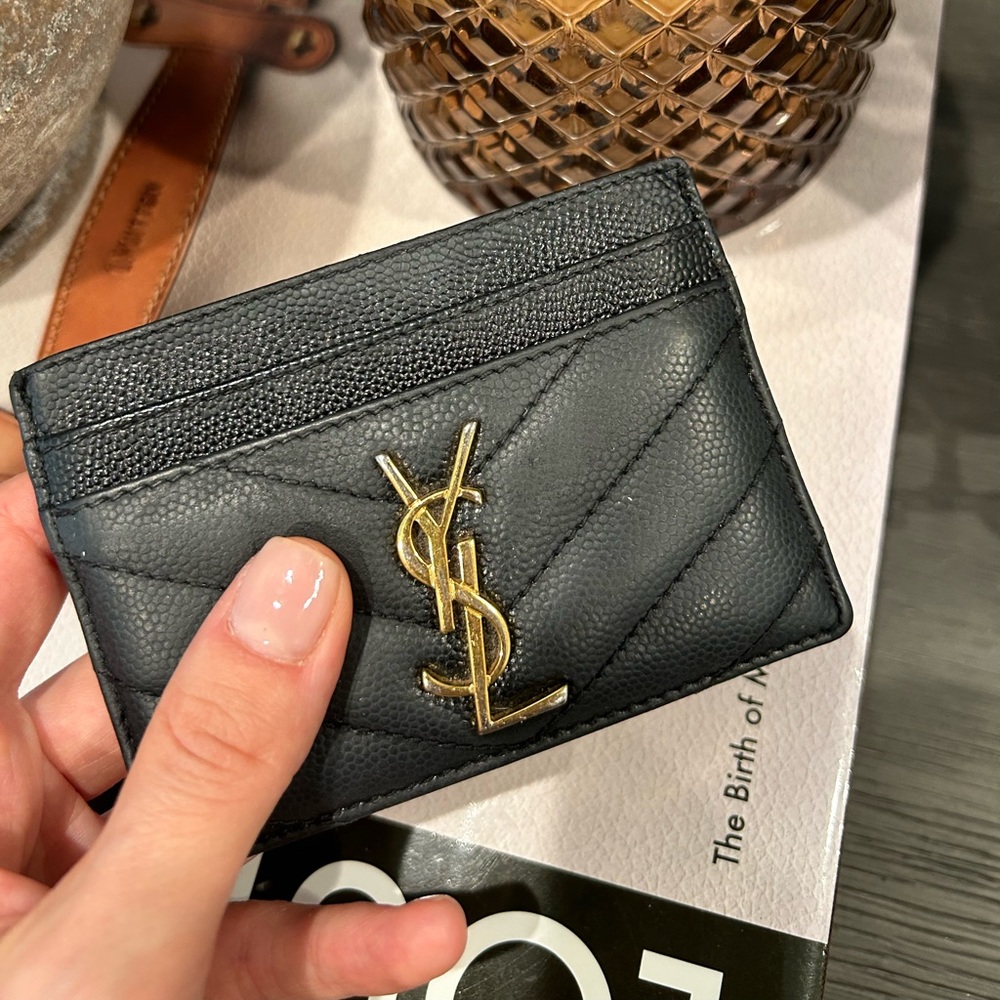 YSL Grain de Poudre Leather Card Case, Golden Hardware